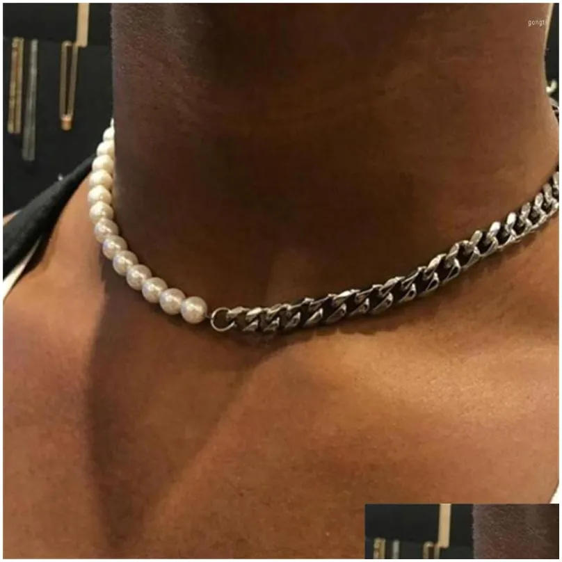 Chains 2023 S Stainless Steel  Cuba Chain And Half 6Mm Pearl Necklace For Men Women Gold Chocker Drop Delivery Dhfqc