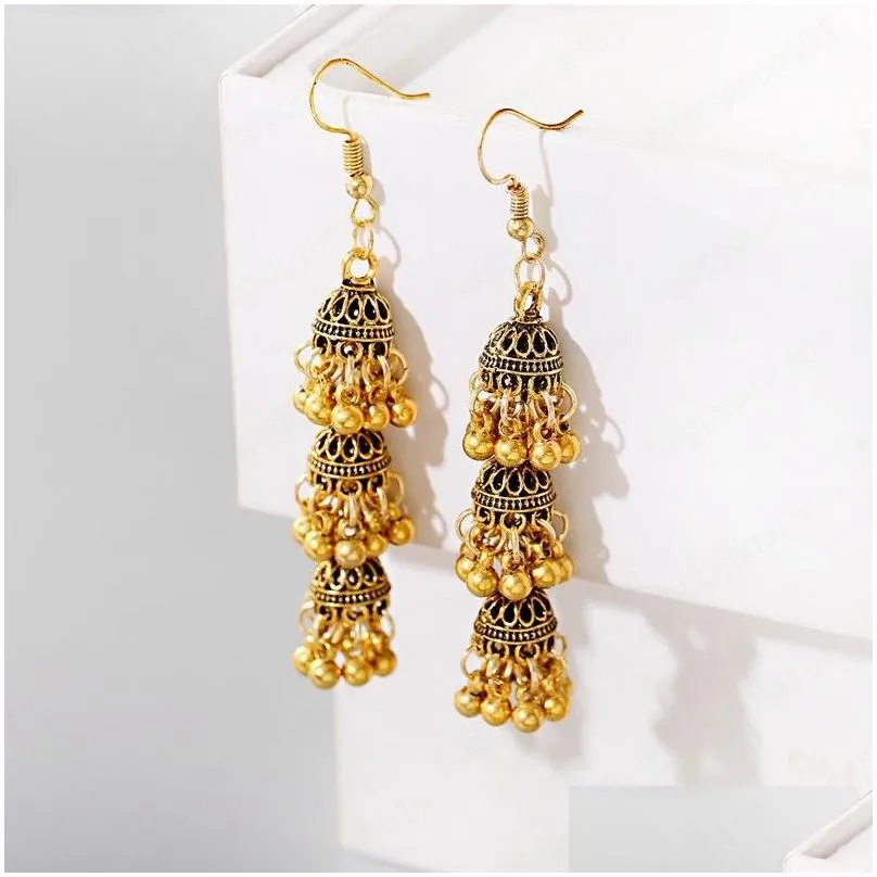 womens retro long gold jhumka dangle earring indian jewelry classic bells tassel drop earrings