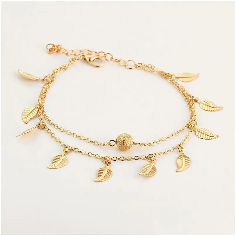 Leaf Charm Anklets Real Pos Chain Ankles Bracelet Fashion 18K Gold Alloy Ankle Bracelets Foot Jewelry Drop Delivery Dhcdi