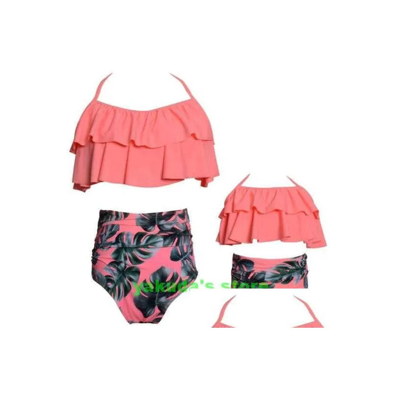 Bikinis sets parent child swimwear print high waisted bikini Ruffle mother daughter suit children girls lace up sexy yakuda flexible