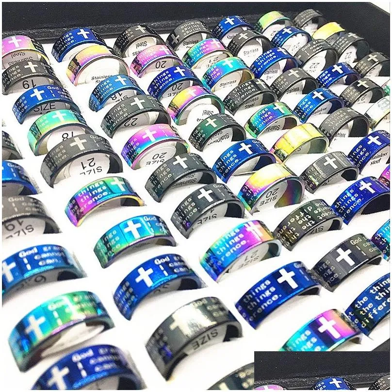wholesale 100pcs lords prayer in english cross stainless steel rings men women fashion god the serenity prayer ring mix colors