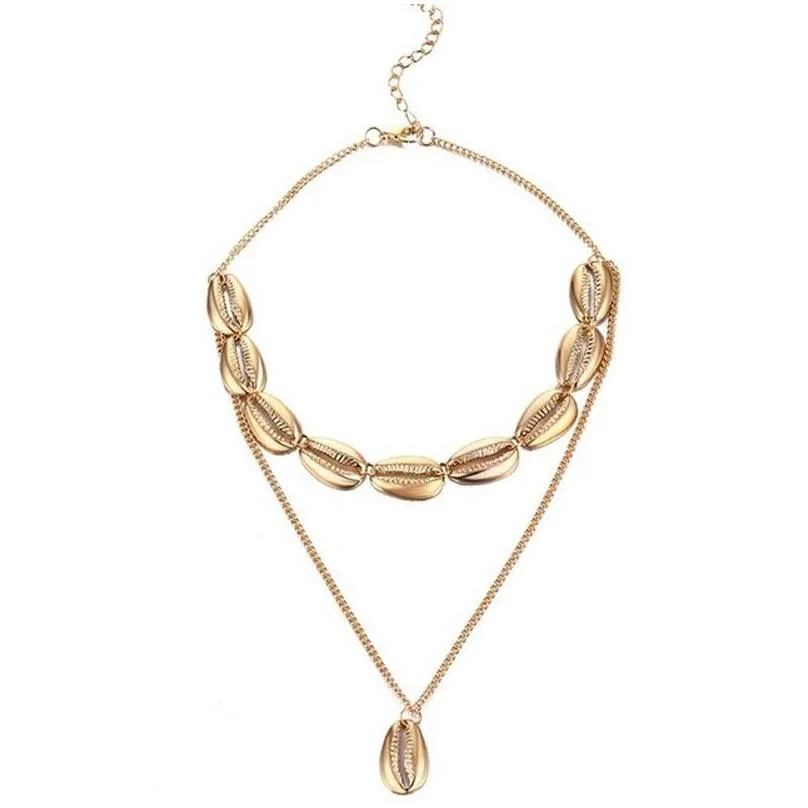 Puka Shell Necklaces Metal Double Chain Chokers Alloy Scallop Pendant Necklace National Style Gold And Sier Drop Delivery Dhowy