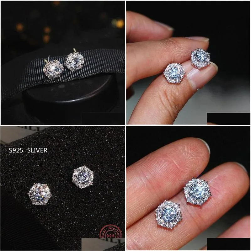 Simple Fashion Jewelry Stunning Real 925 Sterling Sier Round Cut White Topaz Cz Diamond Gemstones Party Women Wedding Bridal Stud Dro Dh1D4