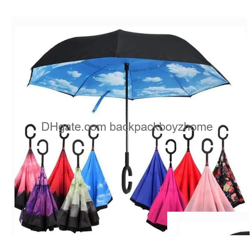 Umbrellas Newreverse Windproof Reverse Layer Inverted Umbrella Inside Out Stand Sea Drop Delivery Home Garden Household Sundries Dhq5J