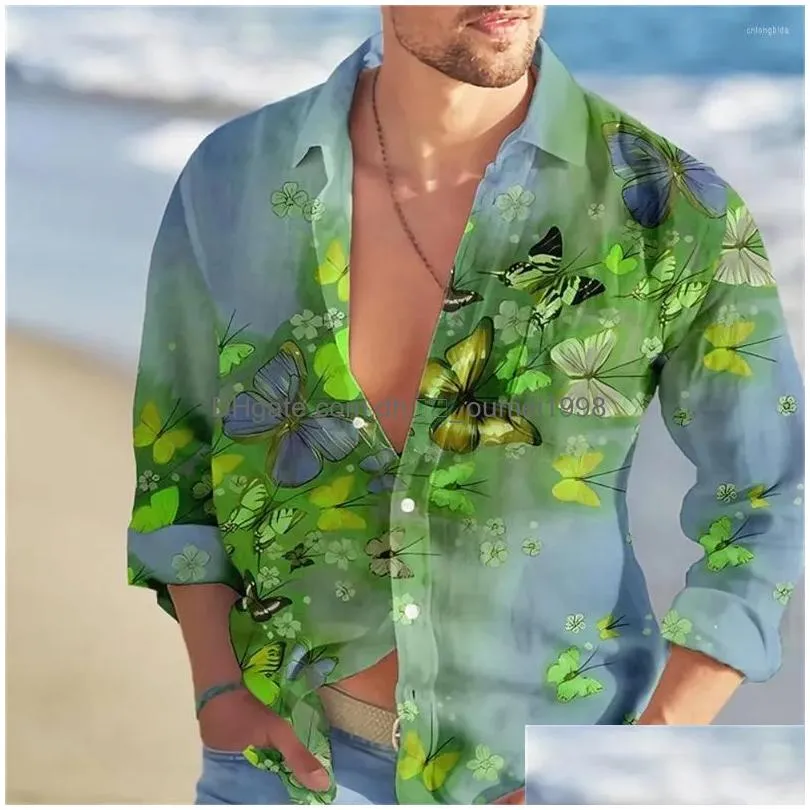 Men`S Dress Shirts Mens Floral Printing 3D Shirt Summer Long Sleeve Man Butterfly Graphic Prints Casual Holiday Short Button Drop Del Otpt3