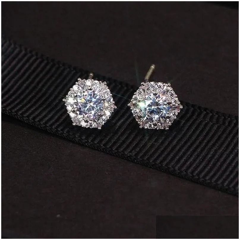 Simple Fashion Jewelry Stunning Real 925 Sterling Sier Round Cut White Topaz Cz Diamond Gemstones Party Women Wedding Bridal Stud Dro Dh1D4