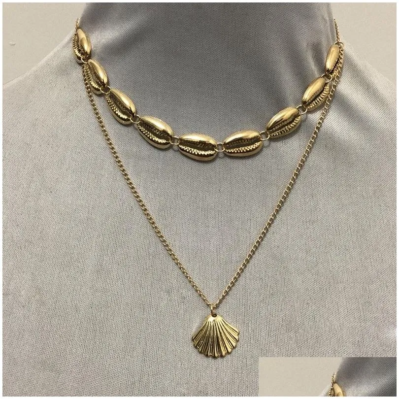 Puka Shell Necklaces Metal Double Chain Chokers Alloy Scallop Pendant Necklace National Style Gold And Sier Drop Delivery Dhowy