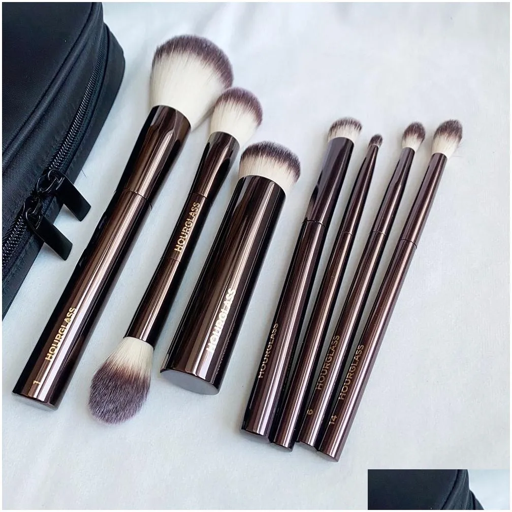 Hourglass Makeup Brushes Set 10Pcs Cosmetic Brush for Face Powder Blush Eye Shadow Crease Concealer Brow Liner Smudger Dark-Bronze Metal Handle Beauty