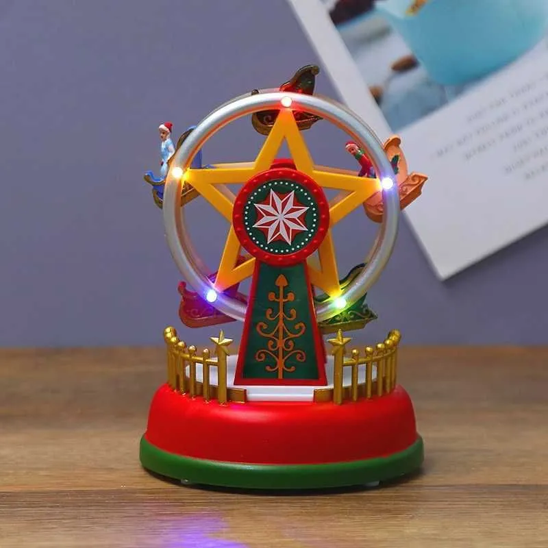 Navidad Decor Christmas Village Glowing Music House Carousel Ferris Wheel Tree Decoration Ornaments Gifts for Children 211018