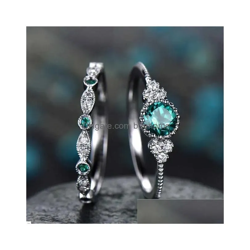 Band Rings 100 Real S925 Sterling Sier Emerald Diamond Ring Women Gemstone Topaz Turquoise Anillos De Jewelry Bizuteria Drop Delivery Dhg1M