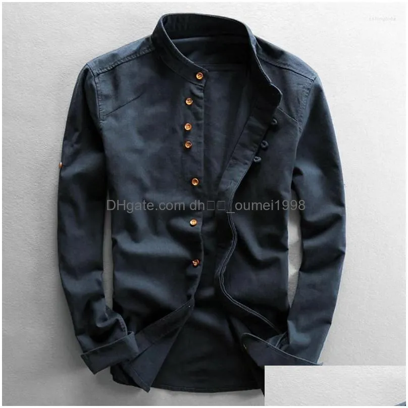 Men`S Casual Shirts Mens Spring Autumn Solid Japanese Style Linen Cotton Breathable Stand Collar Long Sleeve Slim Fit Classical Tops Ot1Vm