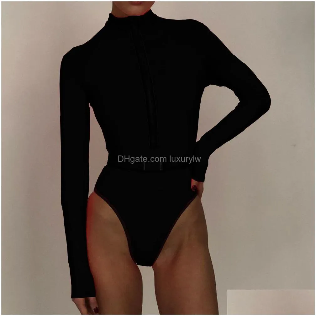 One-Piece Suits Selling European And American Ladies Long-Sleeved Surit Fluorescent Zipper Swimsuit Belt Swimsuits Candy Color Wetsuit Dhdj9