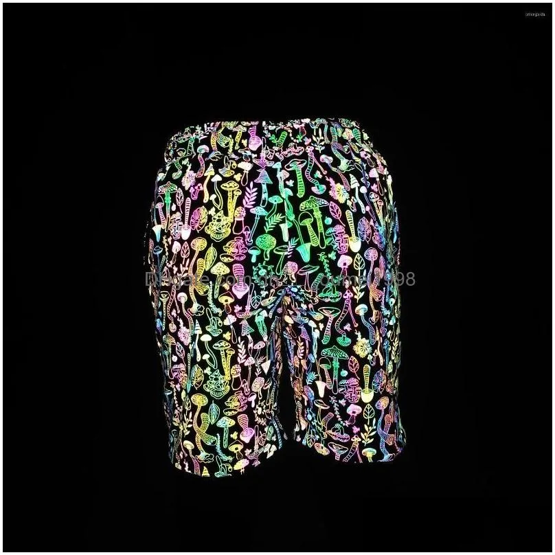 Men`S Shorts Mens Rainbow Color Mushroom Reflective Harajuku Hip Hop Short Pants Colorf Night Reflect Light Bermuda Mascina Drop Deli Ot8Ks