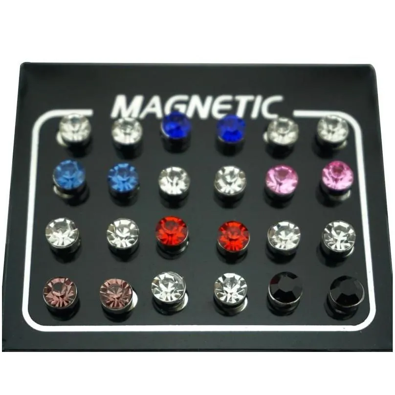 Stud Regelin 12 Pair/Lot 4/5/6/7Mm Round Crystal Rhinestone Magnet Earring Puck Women Mens Magnetic Fake Ear Plug Jewelry Drop Delive Dhuip