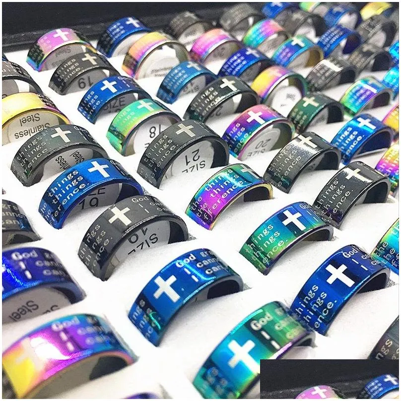wholesale 100pcs lords prayer in english cross stainless steel rings men women fashion god the serenity prayer ring mix colors