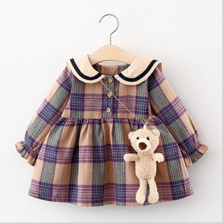 Cute Baby Girls Princess Dress Spring Autumn Girl Long Sleeve Plaid Dresses With Little Bear Great Quality Kids Casual Skirts Children