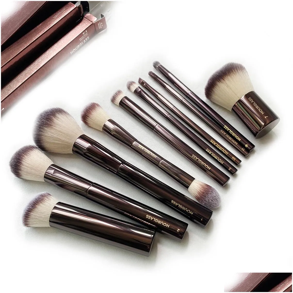 Hourglass Makeup Brushes Set 10Pcs Cosmetic Brush for Face Powder Blush Eye Shadow Crease Concealer Brow Liner Smudger Dark-Bronze Metal Handle Beauty