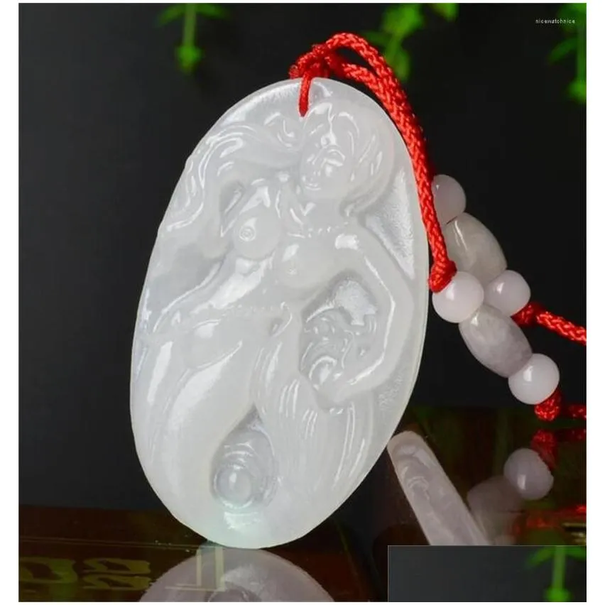 Pendant Necklaces Chinese Handmade Natural White Afghan Stone Carved Charm Nude Mermaid Lucky Jade Amet Necklace Fashion Gift Drop De Dhuy1