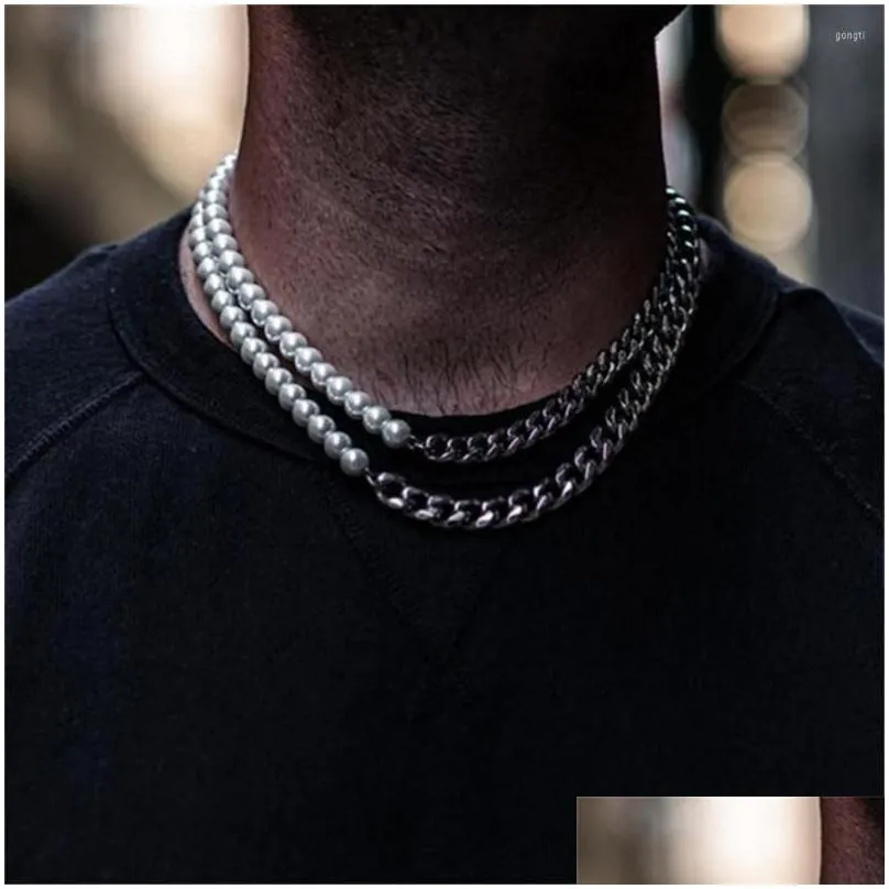 Chains 2023 S Stainless Steel  Cuba Chain And Half 6Mm Pearl Necklace For Men Women Gold Chocker Drop Delivery Dhfqc