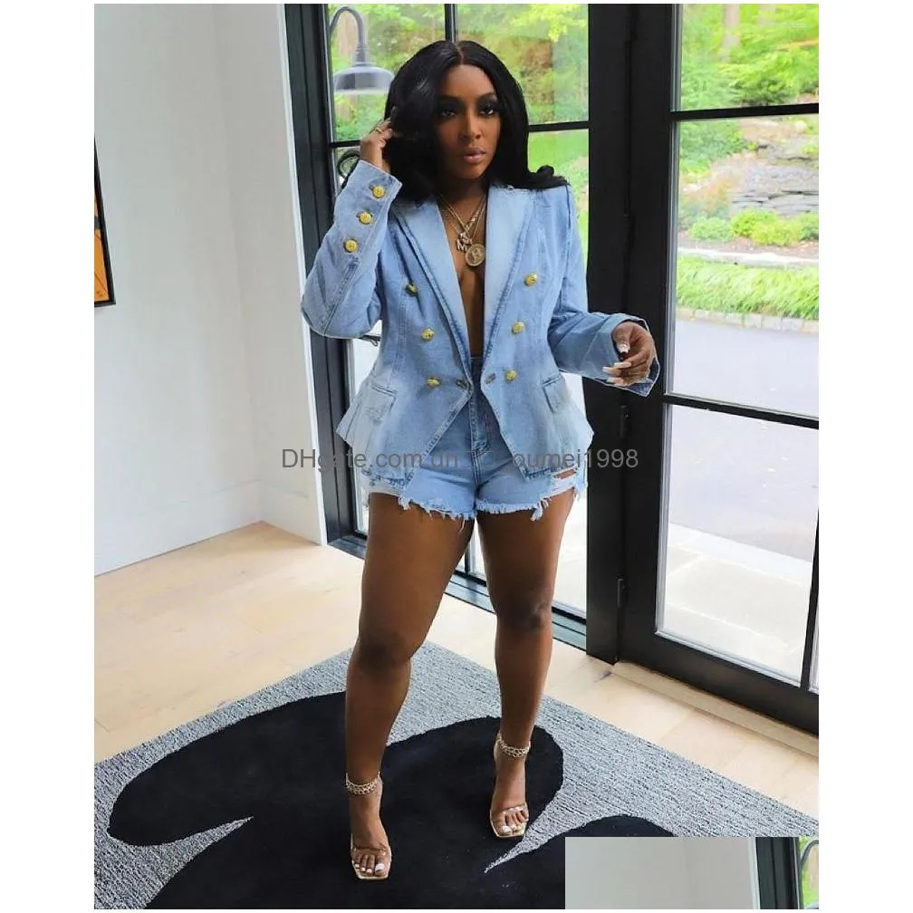 Women`S Suits & Blazers Womens Echoine Hight Quality Elegant Fashion Blue Denim Blazer Jacket Women Streetwear Long Sleeve Double Bre Otgk7