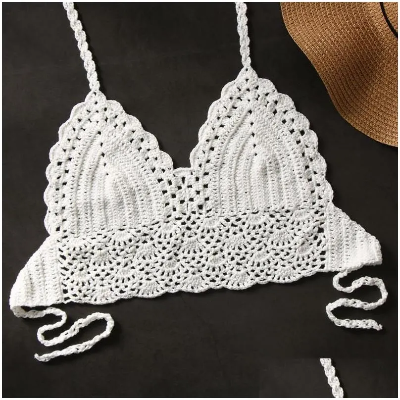 Sexy Women Bikini Crop Top Crochet Boho Beach Bralette Halter Cami Knitted Bra Tank Backless Summer Holiday Beachwear Camisoles & Tanks Underwear Swimsuit