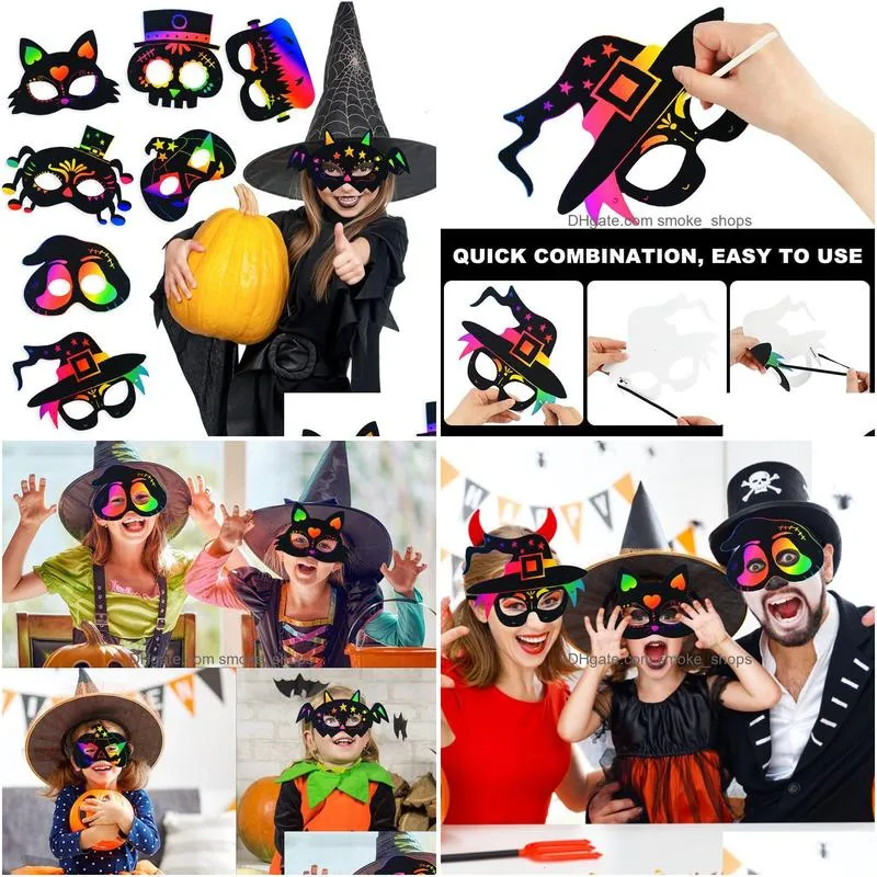 party masks magic rainbow scratch painting mask cartoon pumpkin ghost bat spider childrens education toy halloween diy toys 230607