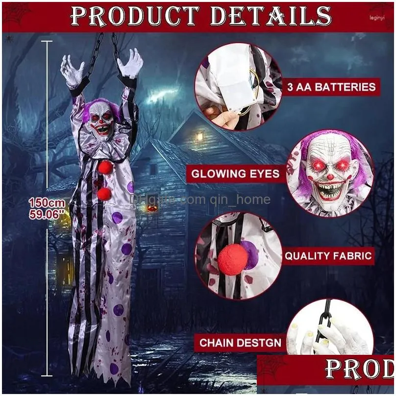 party decoration halloween animatronic hanging animated talking scary clown with chain red eyes sound touch activated electric horror