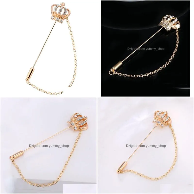 unisex rhinestone crown mens chain brooch lapel pin suit boutonniere button stick brooches wedding party accessories lots 12pcs