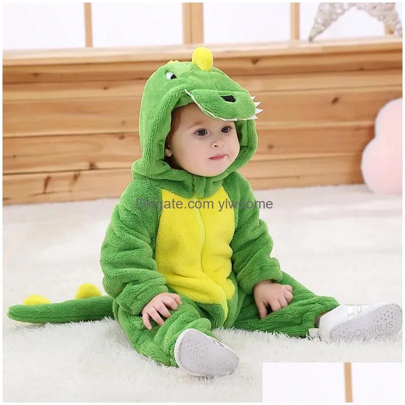 Rompers Kigurumis Lovely Dinosaur Baby Clothes Infant Boys Girls Cartoon Pajamas Onesie Romper Born Hooded Halloween Drop Delivery Dhtb6