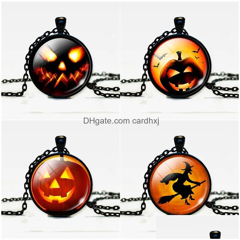 Pendant Necklaces Halloween Pumpkin For Women Men Glass Cabochon Bat Witch Chains Fashion Jewelry In Bk Drop Delivery Pendants Dhczo