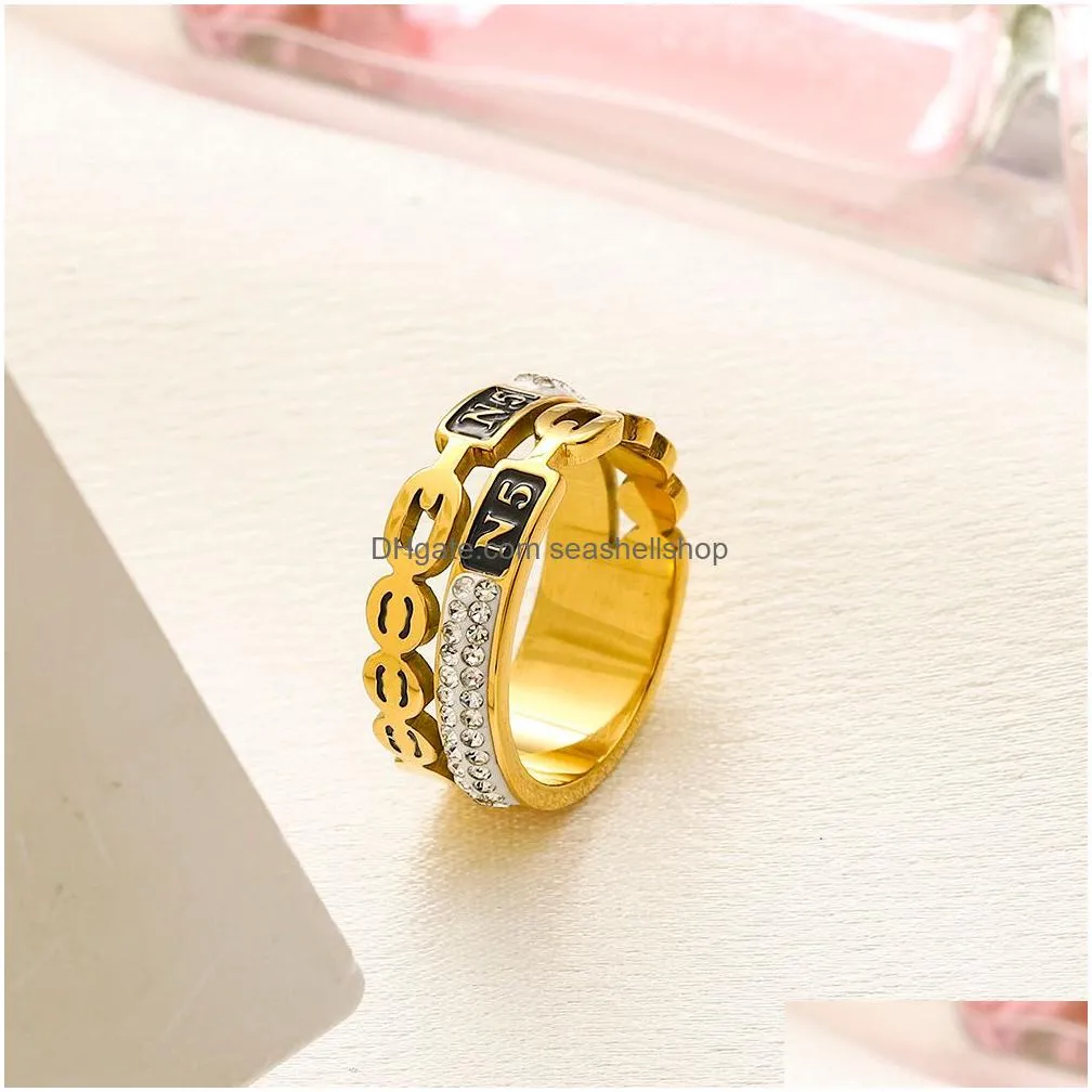 Cluster Rings Never Fade Luxurys Designer Ring Womens Gold Fashion Stainless Steel Engraved Letter Pattern 18K Plated Size 6-8 Wholes Dh1Vs