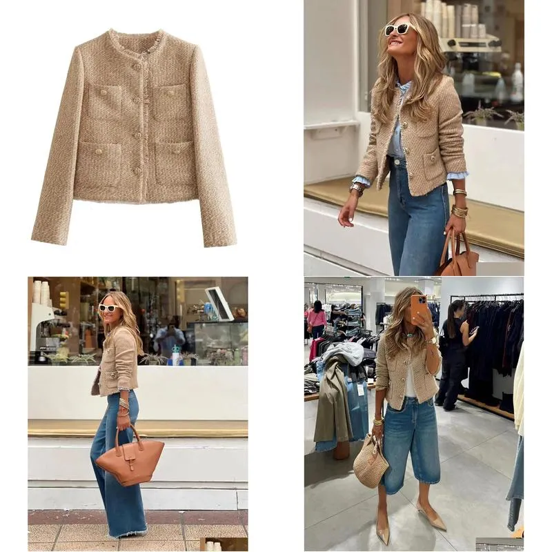 Women`S Suits & Blazers Womens Autumn Fashion Women Camel T Button Short Jacket Long Sleeve Jackets Frayed Cropped Tops Femininos Y2K Dhggo