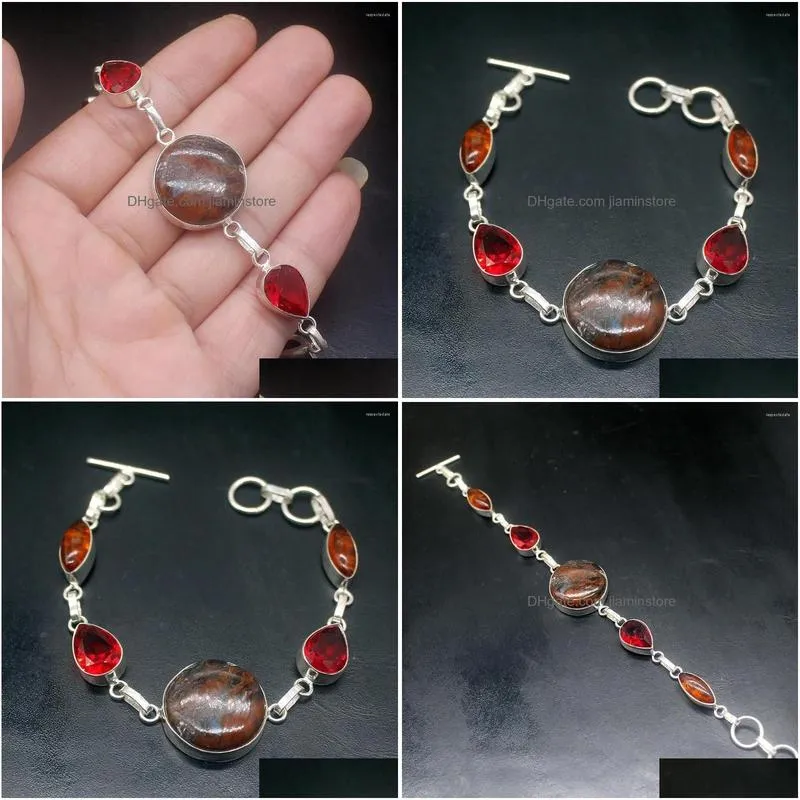 Chain Link Bracelets Sea Sent Baltic Amber Red Garnet Sier Color Charms Links For Women 7.75 Inch Drop Delivery Jewelry Dhqyh