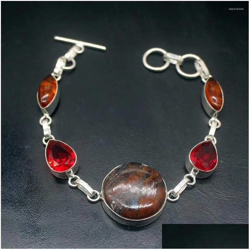 Chain Link Bracelets Sea Sent Baltic Amber Red Garnet Sier Color Charms Links For Women 7.75 Inch Drop Delivery Jewelry Dhqyh