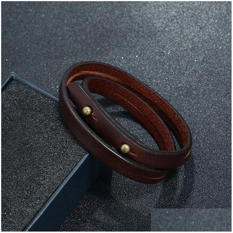 Bangle Update Mtilayer Leather Bracelet Black Brown Retro Simple Bracelets Cuff Women Men Fashion Jewelry Drop Delivery Dhait