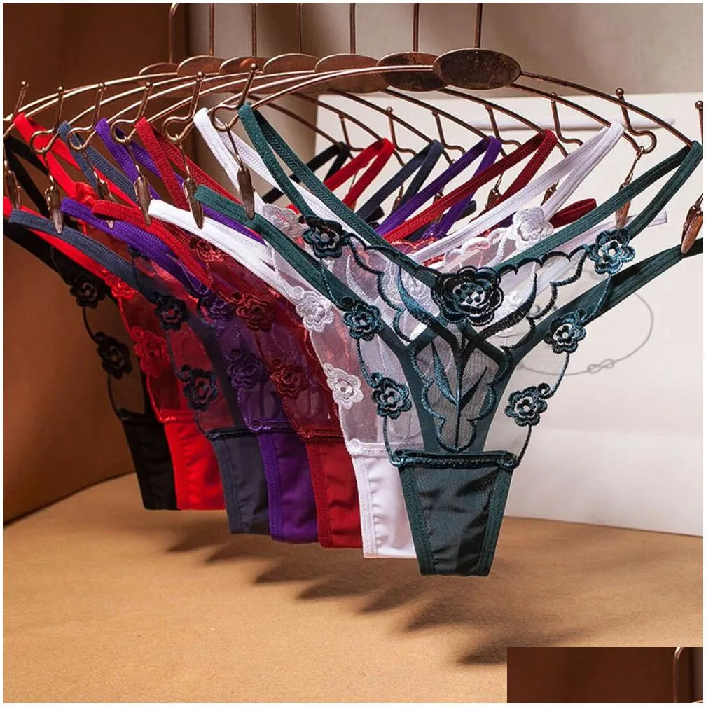 Sexy Embroidered Women`s Thong Transparent Gauze Ribbons Seductive Seamless Underwear Women Hot Pants