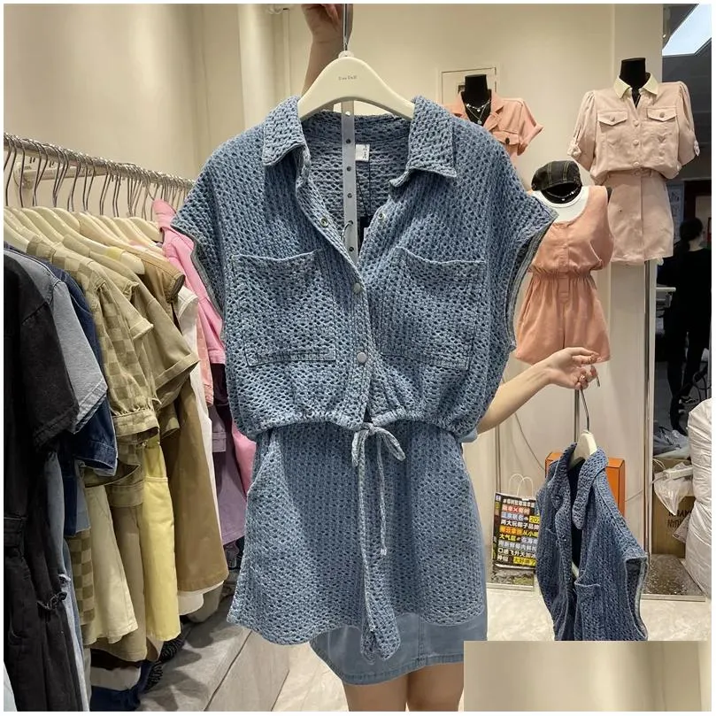 Women`S Two Piece Pants Womens Summer Twopiece Suit Solid Color Singlebreasted Short Denim Vest Elastic High Waist Shorts 2 Set 23060 Dhn5X