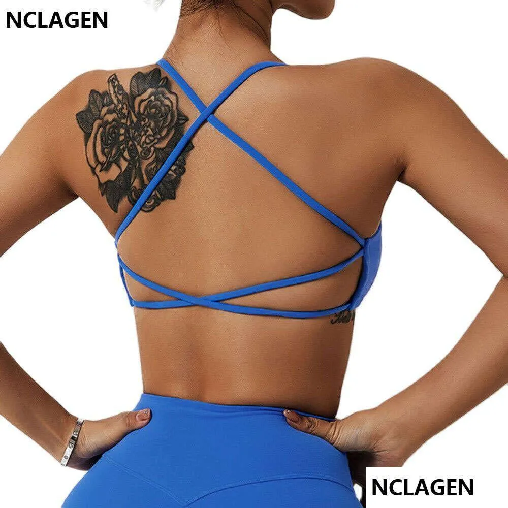 NCLAGEN Ladies Sports Bra Sexy Criss Cross Straps Back High Support Impact Yoga Underwear Running Fiess Gym Padded Bralette