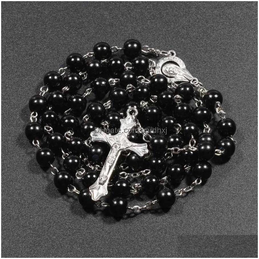 Pendant Necklaces 7 Colors Relius Catholic Rosary Jesus Cross Long 8Mm Bead Chains For Women Men Christian Jewelry Gift Drop Delivery Dhc8S