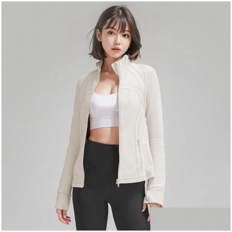 LL-008 Women Slim Fit Full Zip Athletic Define Sports Jacket Long Sleeve with Pockets and Thumbholes Lightweight Running Track Gym Yoga Jacket