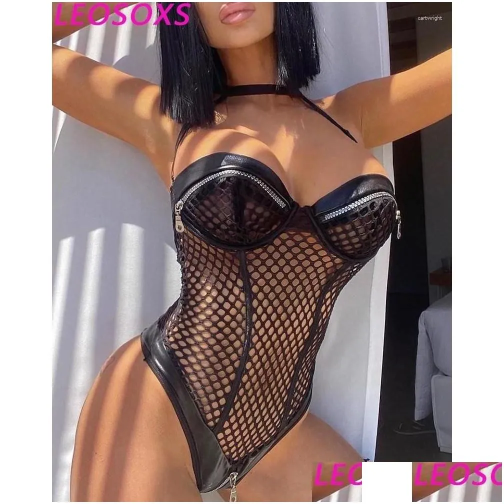 Bras Sets Leosoxs Black Mesh Sexy Porn Underwear Pu Leather Halter Erotic Lingerie Shapewear Punk Style Open Bra Zipper Intimate Kit