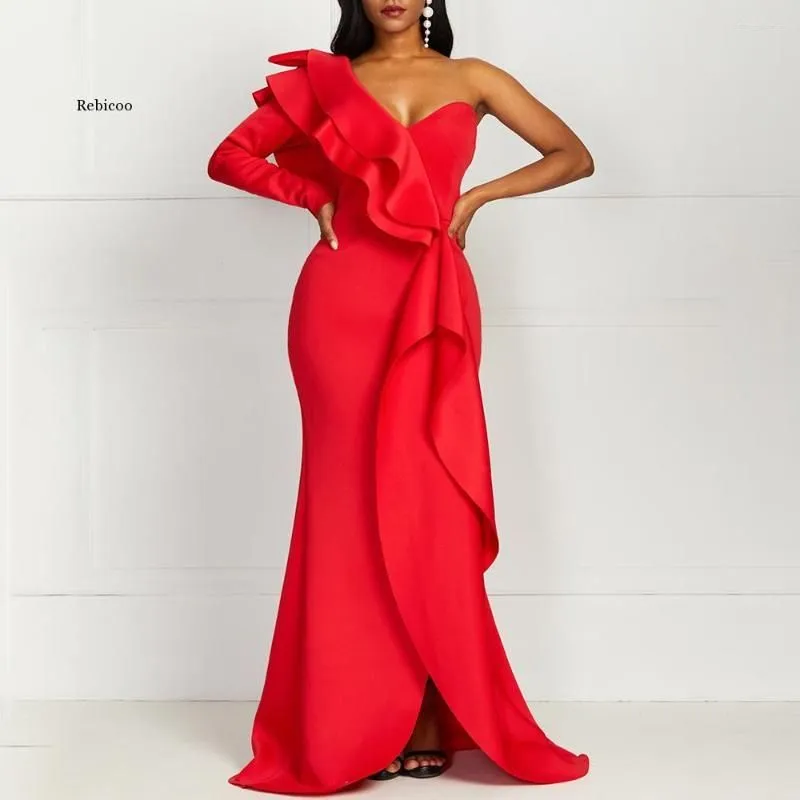 Casual Dresses African Style Elegant Party Sexy Evening Women Long One Shoulder Bodycon Split Female Ruffles Maxi Red Dress