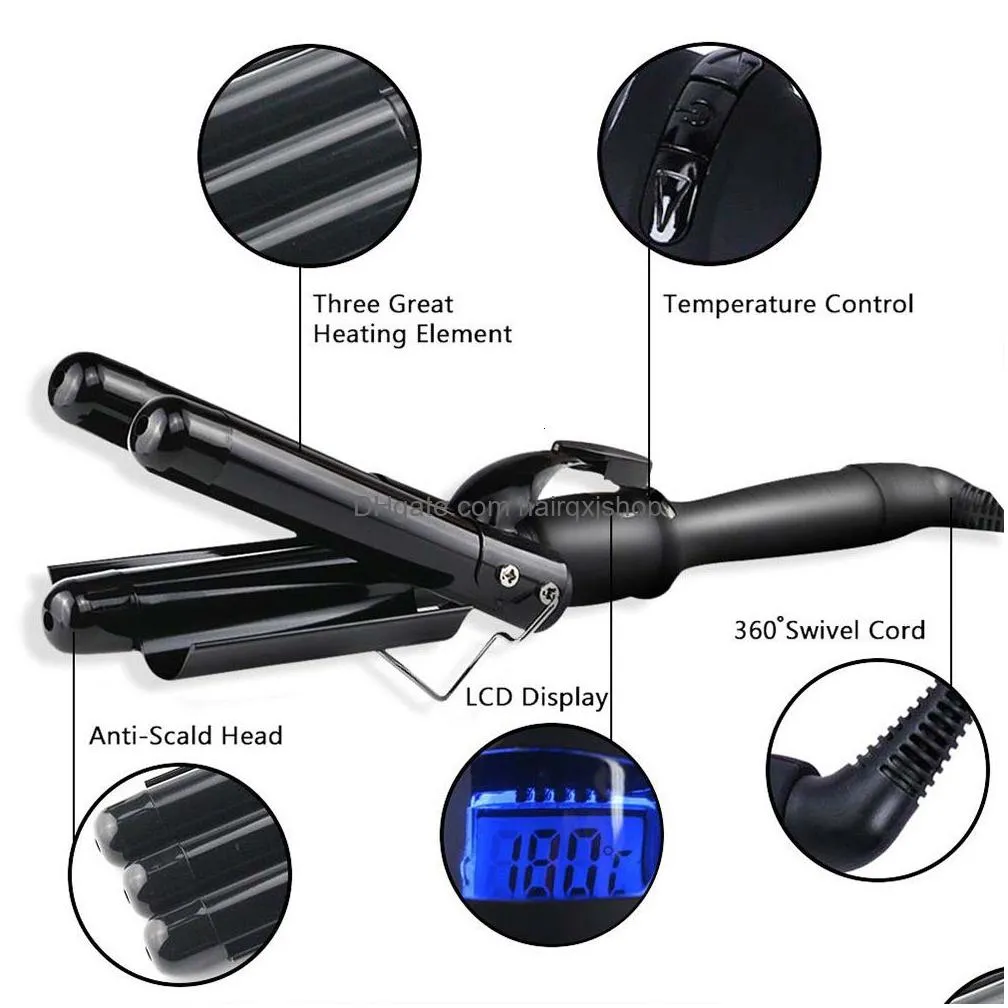 Curling Irons Sonofly 22Mm Lcd Hair Curler Electric Triple Barrel Ceramics Iron Waver Styling Tools Anions Fast Heating Jf-112 221203 Dh1Wy