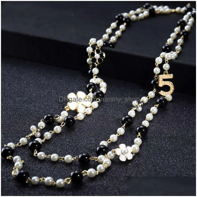 women long chains layered pearl beaded necklace collares de moda number 5 flower party jewelry