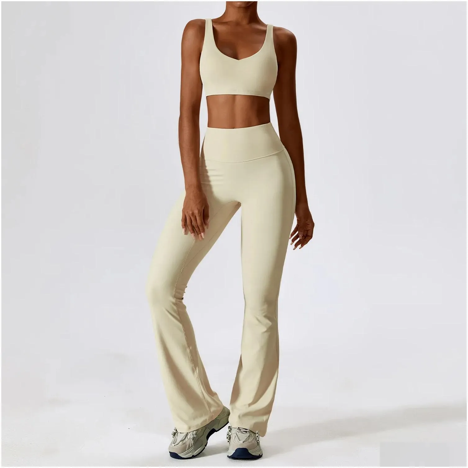 LL-8232 Womens Yoga Outfit Yoga Sets Vest Sleeveless Tops Pants Bell-bottom Trousers Excerise Sport Gym Running Long Pant Elastic High Waist