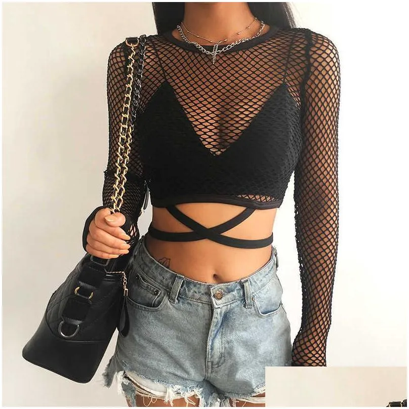 Women`S Tanks & Camis Women Bright Green Fishnet Crop Top Summer Mesh Through Tank Fashion Femme Tops Cropped Loose Shirt Female Clubw Dhzfu