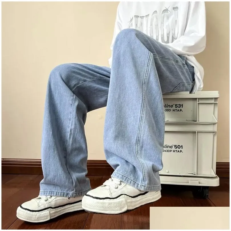 Men`S Jeans Mens Blue Men Ankle Length Male Straight Denim Pants Streetwear Baggy Ins Washed Black Clothes 230606 Drop Delivery Appar Dhqwk