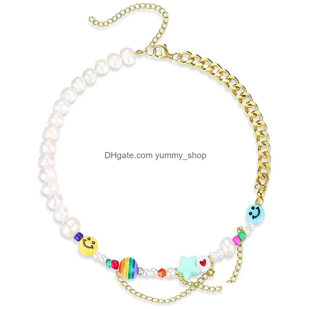 fashion necklace product happy go lucky smiling face chooker y2k yin yang rainbow creative cuba2860