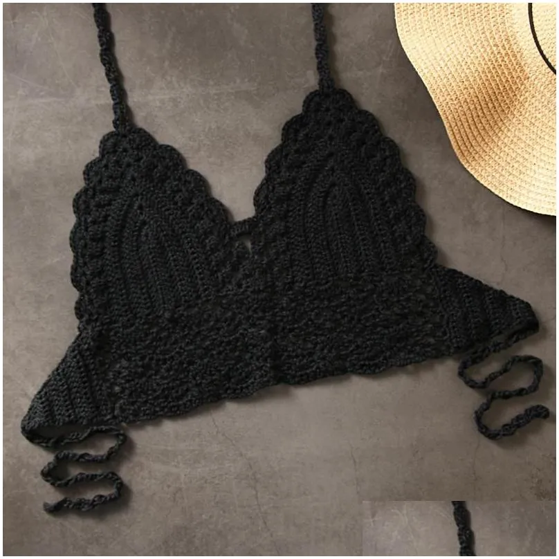 Sexy Women Bikini Crop Top Crochet Boho Beach Bralette Halter Cami Knitted Bra Tank Backless Summer Holiday Beachwear Camisoles & Tanks Underwear Swimsuit