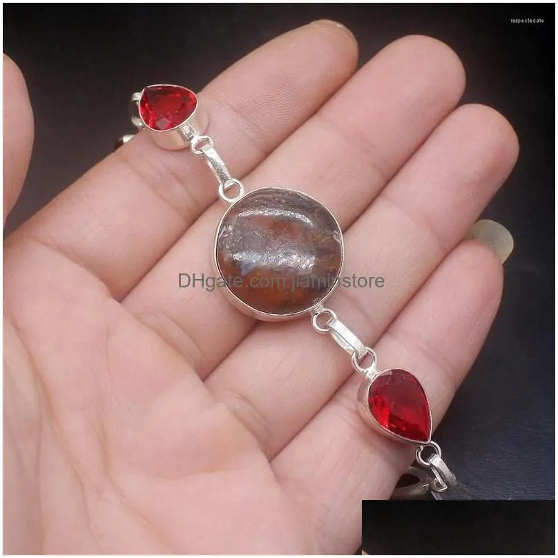 Chain Link Bracelets Sea Sent Baltic Amber Red Garnet Sier Color Charms Links For Women 7.75 Inch Drop Delivery Jewelry Dhqyh